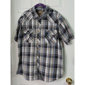 Coevals Club Pearl Snap Button S/S Shirt Mens XL Navy Tan Plaid Western Cowboy